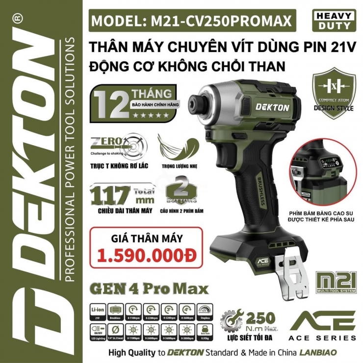 Thân máy bắn vít Pin 21V Dekton M21-CV250PROMAX Gen 4