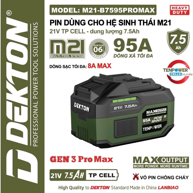 Pin 7.5A 21V Dekton M21-B7595PROMAX xả 95A