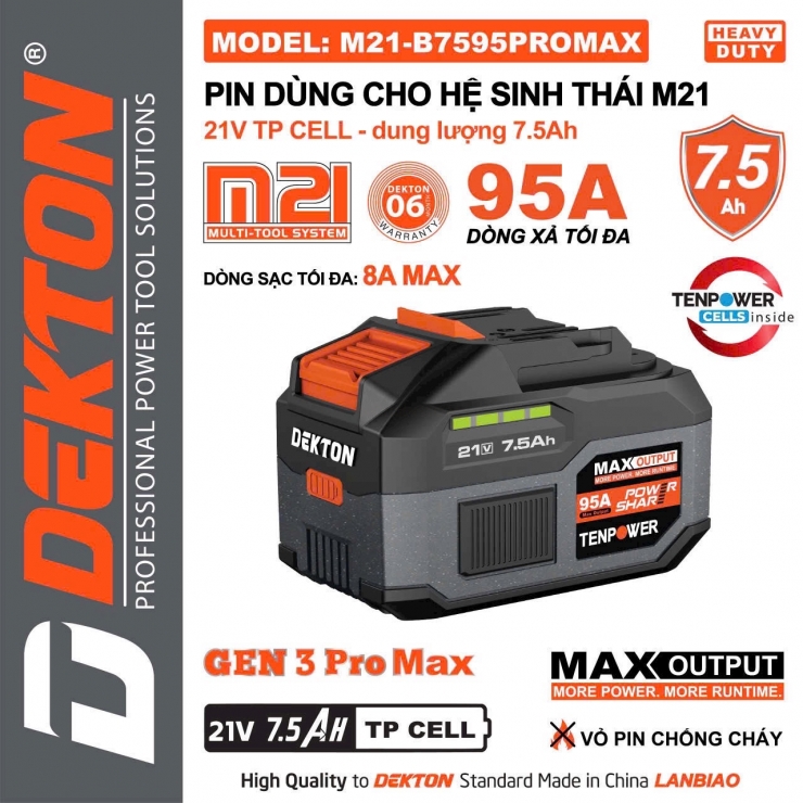 Pin 7.5A 21V Dekton M21-B7595PROMAX xả 95A