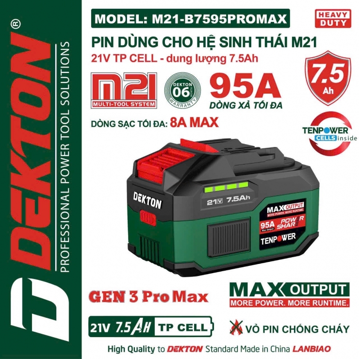 Pin 7.5A 21V Dekton M21-B7595PROMAX xả 95A