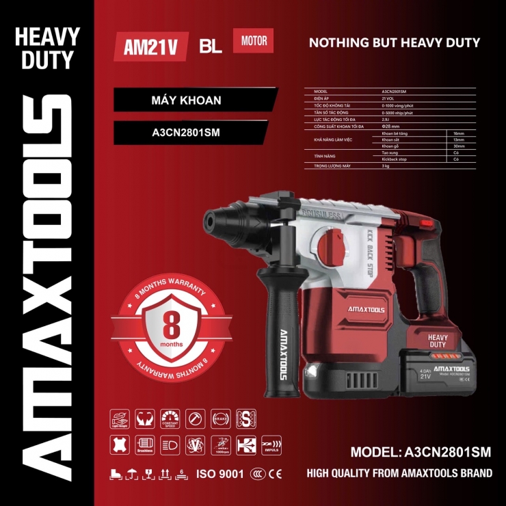 Khoan động lực Pin 21V Amaxtools A3CN2801SM Red Hammer