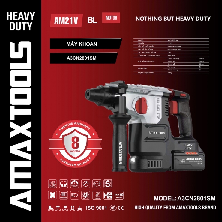 Khoan động lực Pin 21V Amaxtools A3CN2801SM Red Hammer