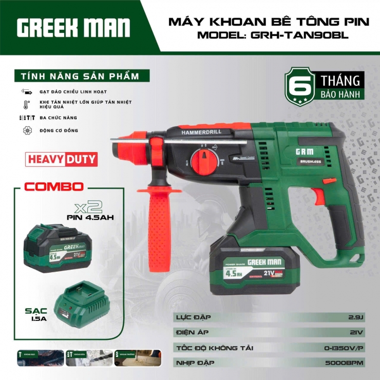 Combo khoan bê tông Pin 21V Greekman GRH-TAN90BL 