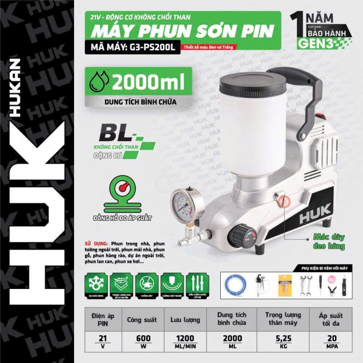 Máy phun sơn công nghiệp Pin 21V Hukan G3-PS200L Brushless