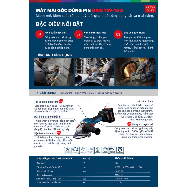 Máy mài Pin 125mm Bosch GWS 18V-15 S Professional ( chưa Pin & Sạc )