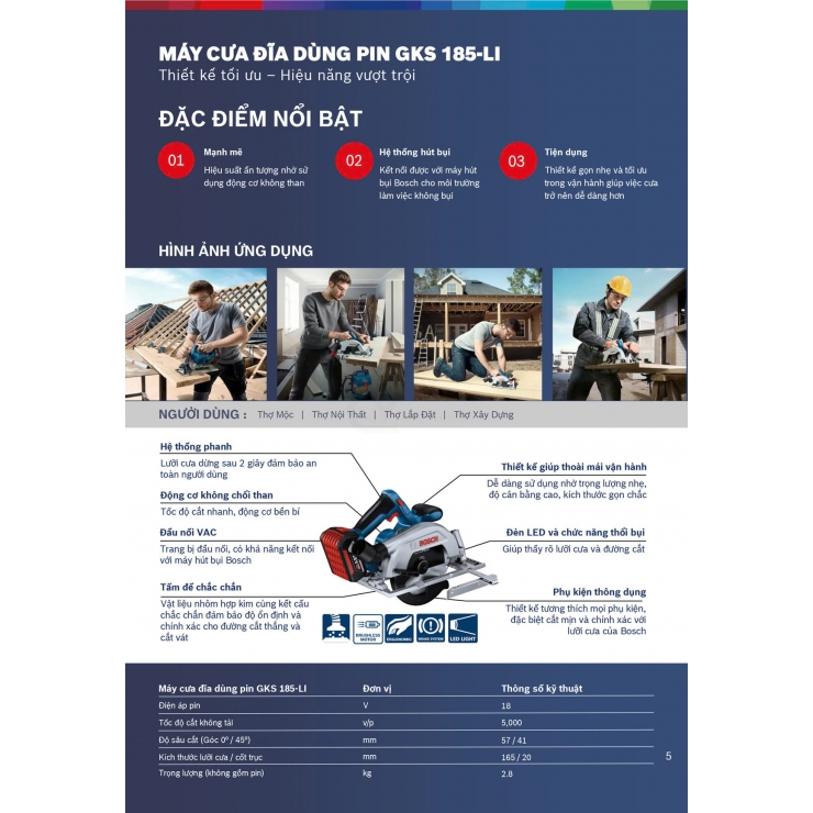 Máy cưa đĩa 165mm Pin Bosch GKS 185-LI Professional ( chưa Pin & Sạc )