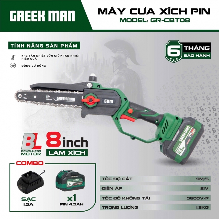 Máy cưa xích 8 inch Pin 21V Greekman GR-CBT08 ( chưa Pin & Sạc )