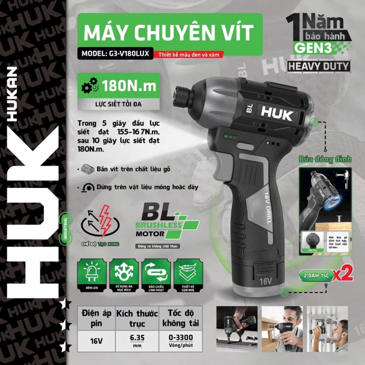 Máy bắn vít 180Nm Pin 16V HUK G3-V180LUX Brushless