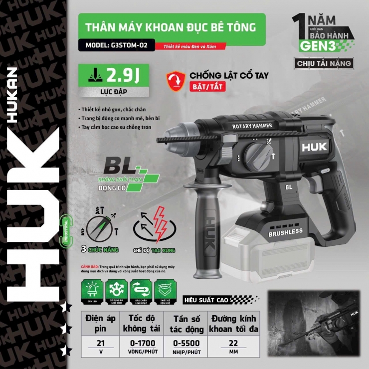 Máy khoan động lực Pin 21V HUK G3STOM-02 Brushless