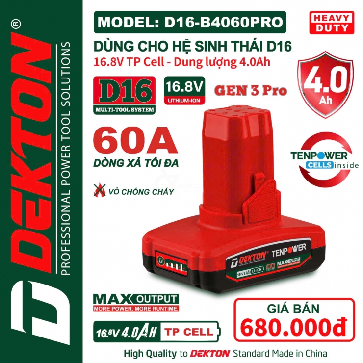 Pin 16V 4.0Ah Dekton D16-B4060PRO gen 3