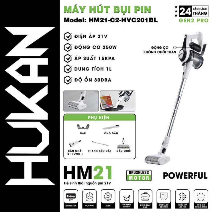 Máy hút bụi Pin 21V Hukan HM21-C2-HVC201BL 