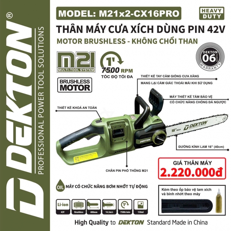Máy cưa xích Pin 42V Dekton M21x2-CX16PRO Brushless