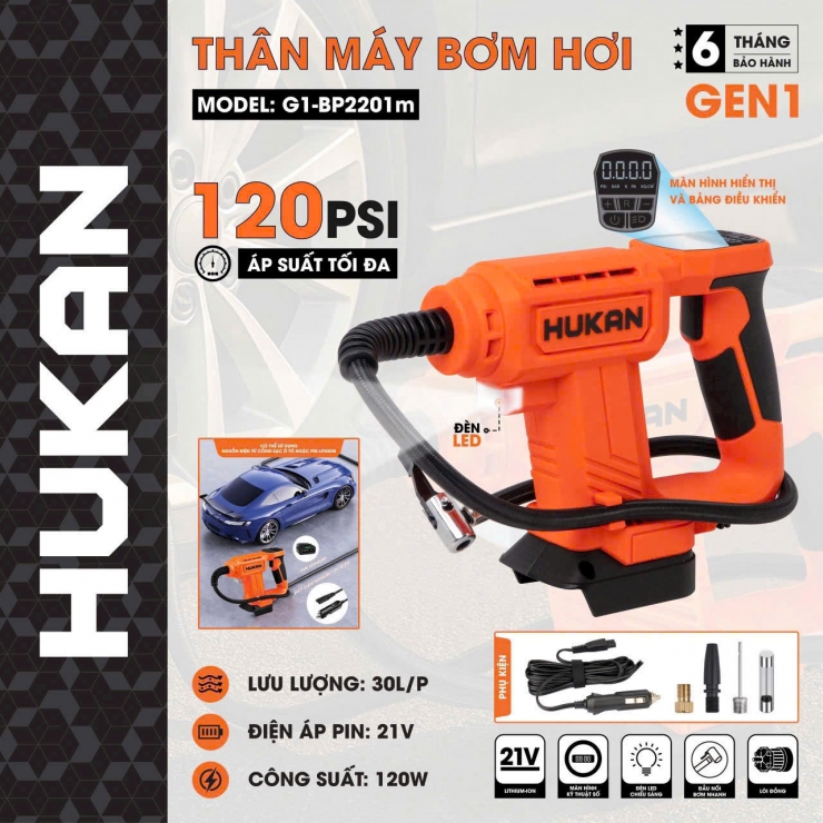 Máy bơm lốp xe Pin 21V Hukan G1-BP2201m ( chưa Pin & Sạc )