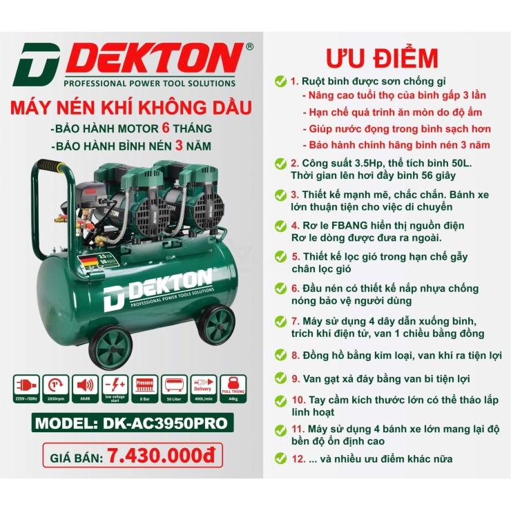 Máy nén khí không dầu 50 lít Dekton DK-AC3950PRO 