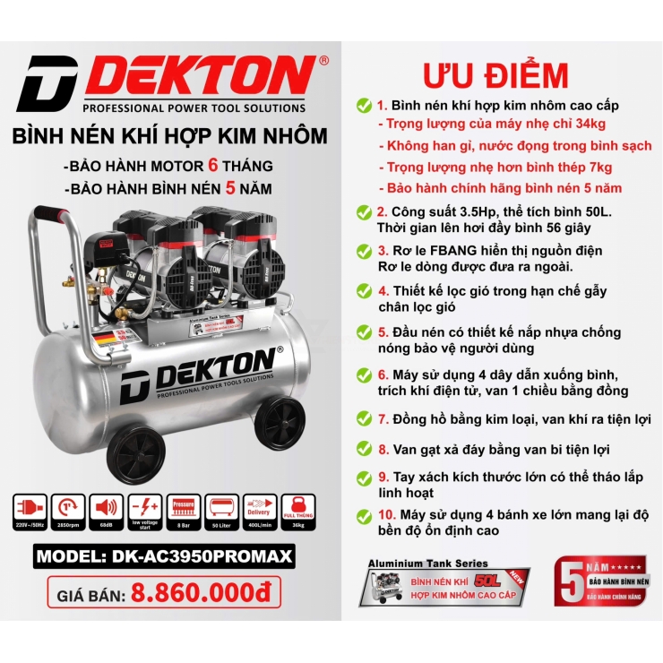 Máy nén khí 50 lít Dekton DK-AC3950PROMAX ( bình hợp kim nhôm )