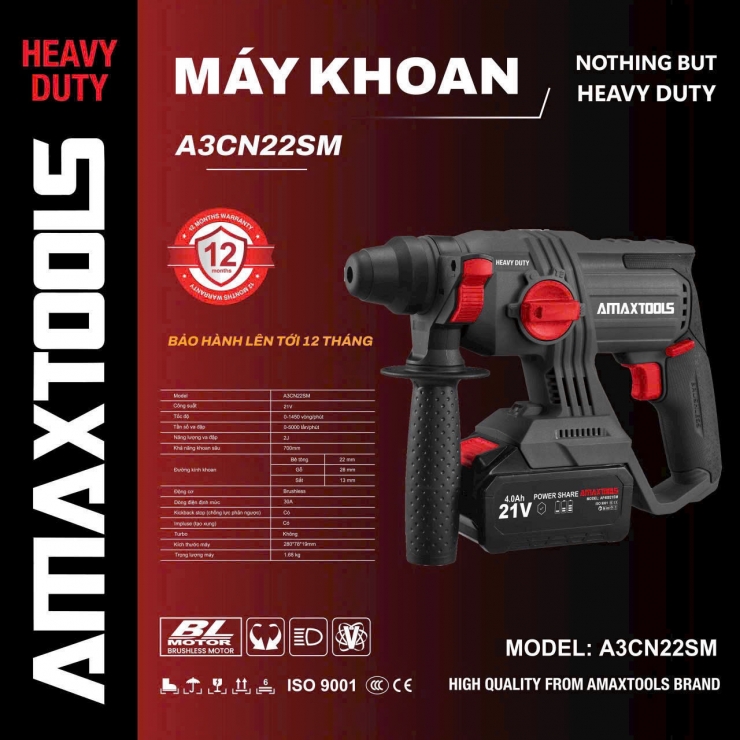 Máy khoan bê tông Pin 21V Amaxtools A3CN22SM hammer ( chưa Pin & Sạc ) 