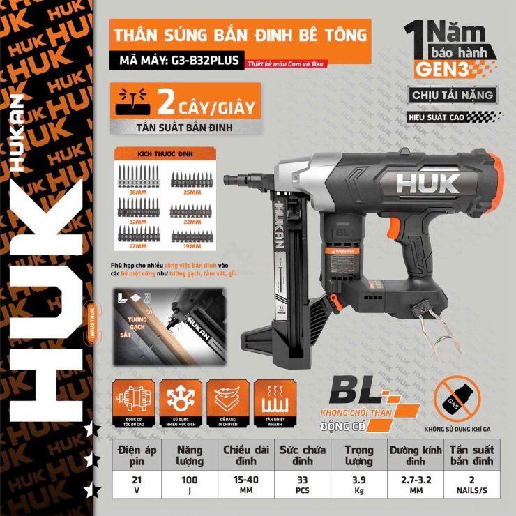 Máy bắn đinh bê  tông Pin 21V Hukan G3-B32PLUS ( chưa Pin & Sạc )