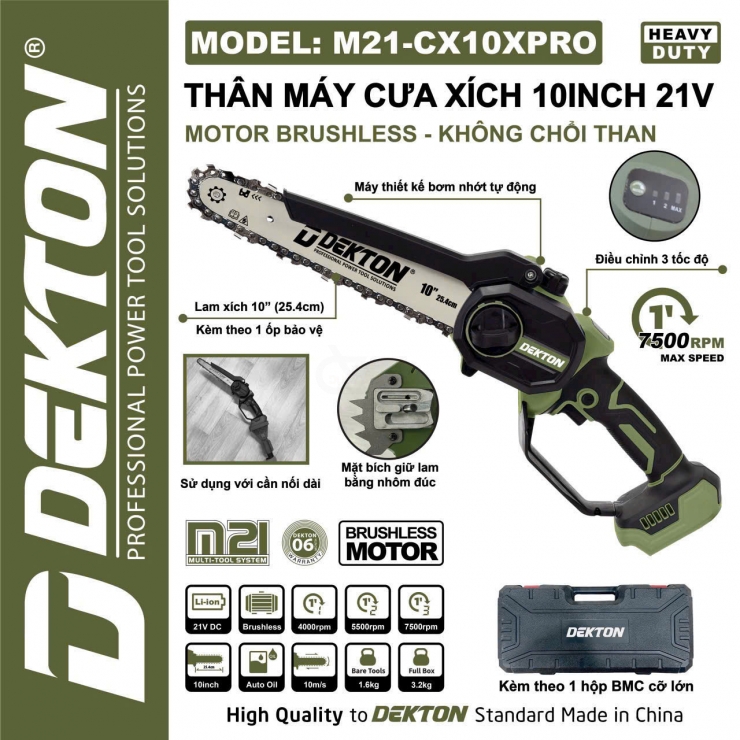 Máy cưa xích 10inch Pin 21V Dekton M21-CX10PRO ( chỉnh tốc 3 cấp ) ( chưa Pin & Sạc )