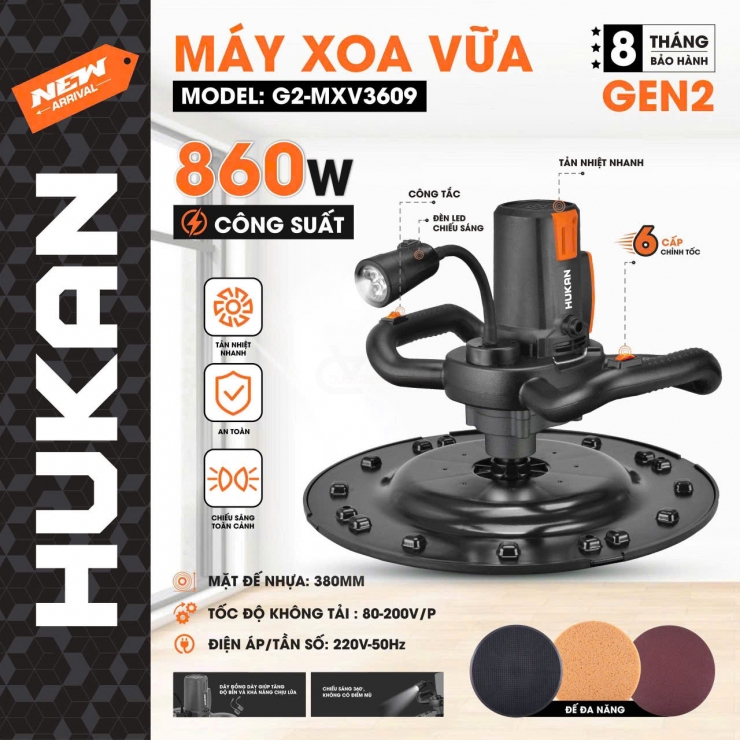 Máy xoa vữa tường 860W Hukan G2-MVX3609 có đèn