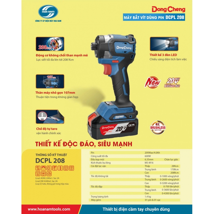 Máy bắn vít 208Nm Pin 20V Dongcheng DCPL208 ( chưa Pin & Sạc )