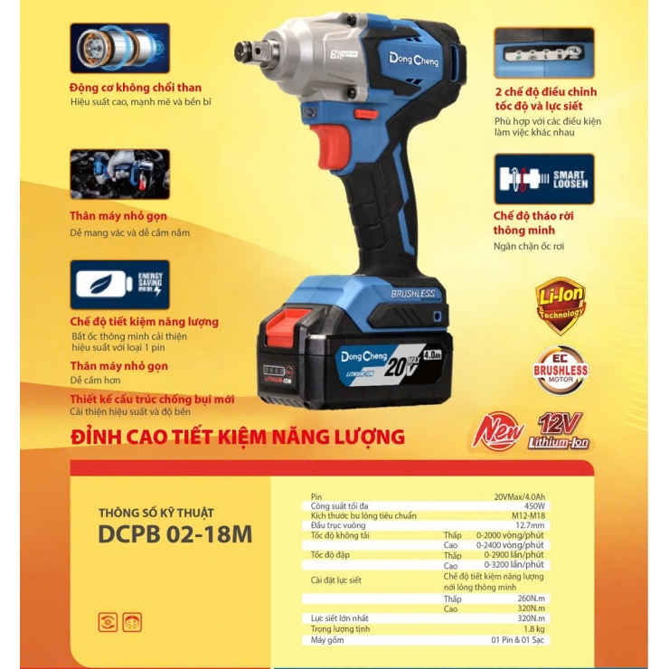 Máy siết bulong 420Nm Pin 20V Dongcheng DCPB 02-18M ( chưa Pin & Sạc )