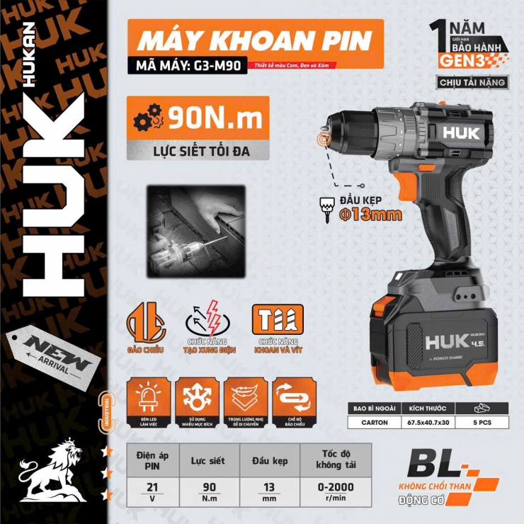 Máy khoan 90Nm Pin 21V HUK G3-M90 Brushless ( chưa Pin & Sạc )