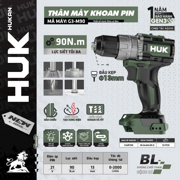 Máy khoan 90Nm Pin 21V HUK G3-M90 Brushless ( chưa Pin & Sạc )
