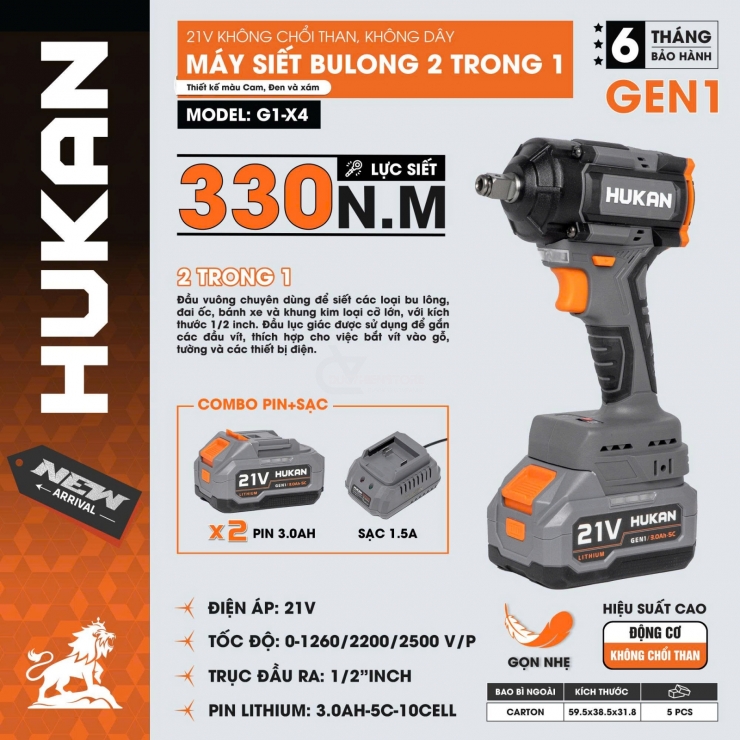 Máy bắn bulong 330Nm Pin 21V Hukan G1-X4 ( bộ )