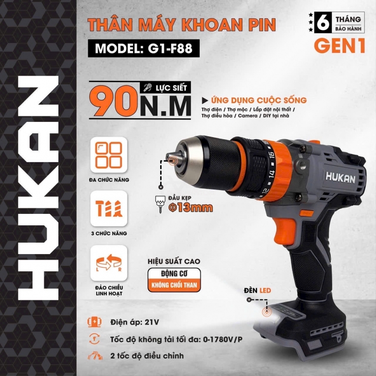 Máy khoan Pin 21V Hukan G1-F88 Brushless ( chưa Pin & Sạc )