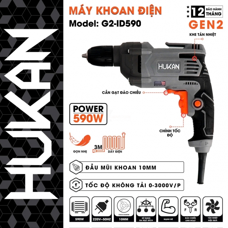 Máy khoan điện 10mm Hukan G2-ID590 ( 590W )