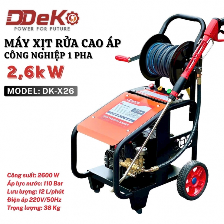 Máy rửa xe công nghiệp 2.6Kw DDeko DK-X26 ( xe đẩy & rulo cuôn dây )