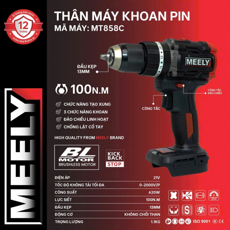 Máy khoan 100Nm Pin M21 MEELY MT858C ( chưa Pin & Sạc )