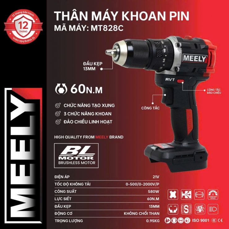 Máy khoan 60Nm Pin M21 MEELY MT828C ( chưa Pin & Sạc )