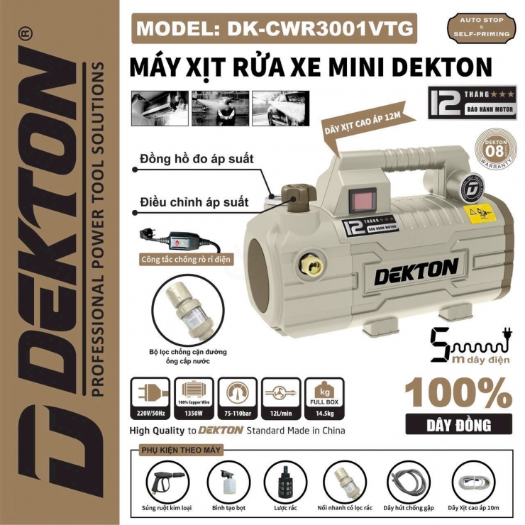Máy xịt rửa xe chỉnh áp Dekton DK-CWR3001VTG