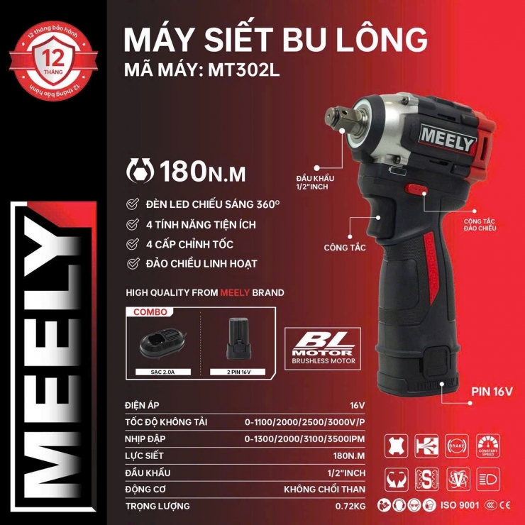 Máy bắn bulong 16V MEELY MT302L Brushless ( bộ )