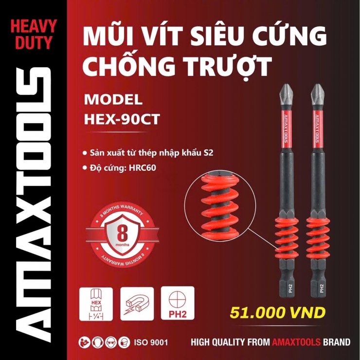 Mũi vít dài 90mm Amaxtools HEX-90CT ( bộ 2 cây )
