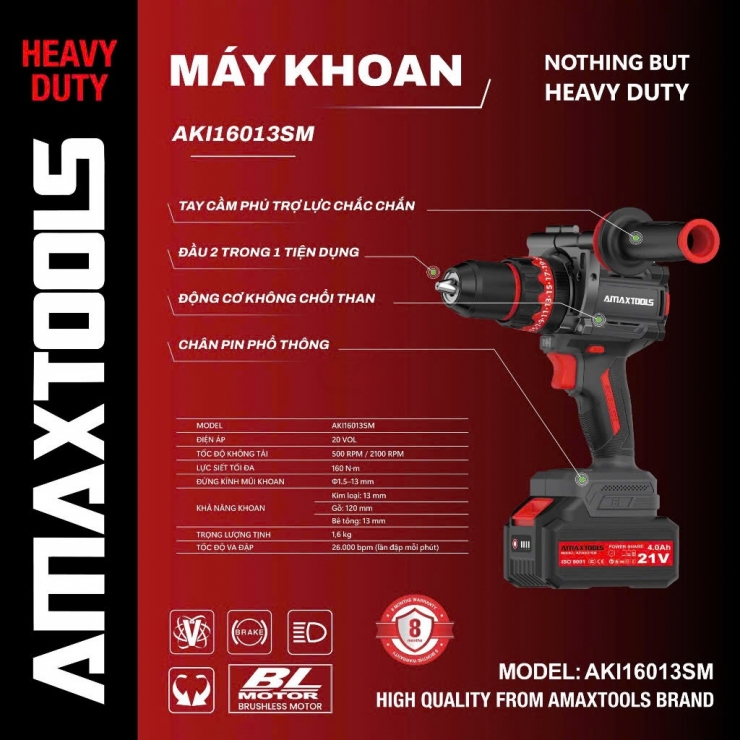 Máy khoan Pin 160Nm Amaxtools AKI16013SM Hammer ( chưa Pin & Sạc )