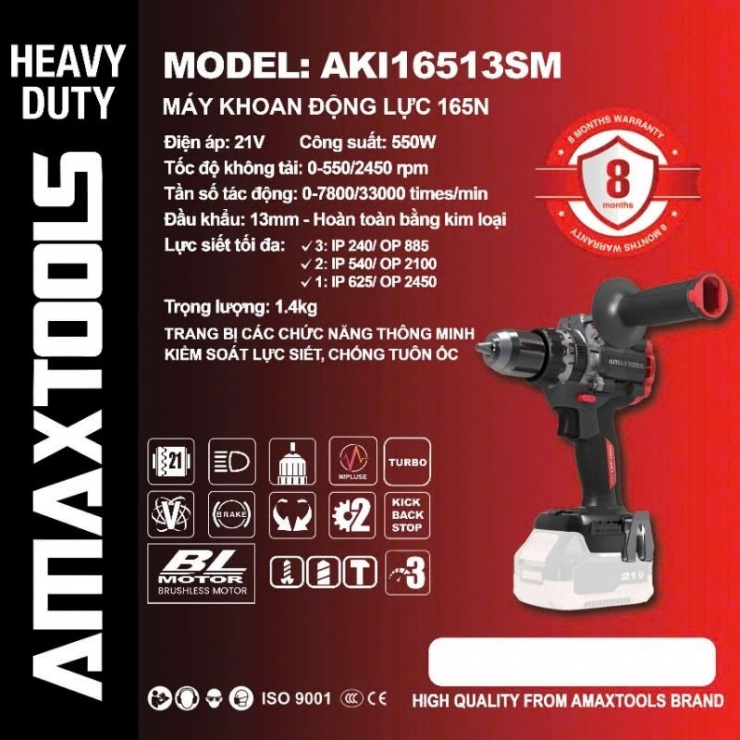 Máy khoan 165Nm Pin 21V Amaxtools AKI16513SM Brushless ( chưa Pin & Sạc )