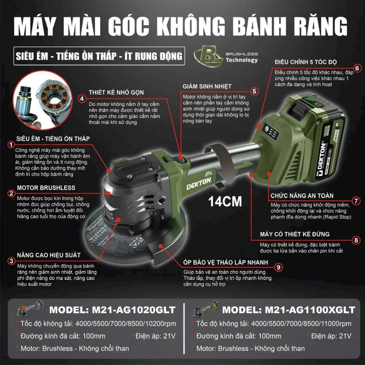 Máy mài không bánh răng Pin 21V Dekton M21-AG1020GLT ( chưa Pin và Sạc )