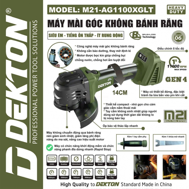 Máy mài không bánh răng Pin 21V Dekton M21-AG1020GLT ( chưa Pin và Sạc )