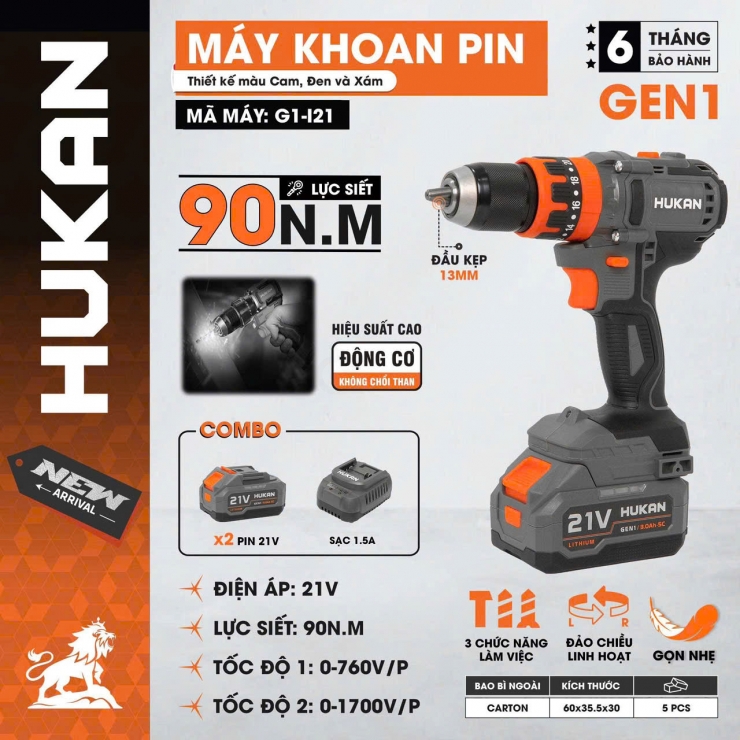 Máy khoan 90Nm Pin 21V Hukan G1-i21 Brushless