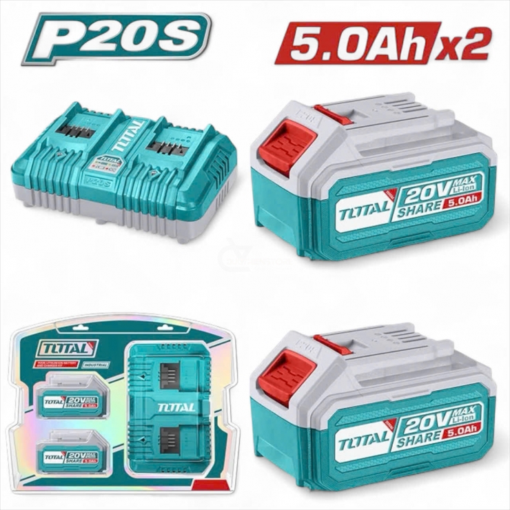Bộ 2 Pin 5.0Ah Total TFBCPK2425 ( 20V*5.0Ah kèm sạc đôi )