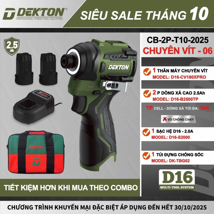 Máy siết vít 180Nm Pin Dekton D16-CV180XPRO Brushless