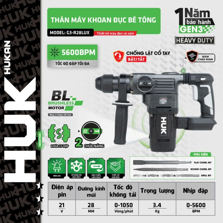Máy khoan đục Pin 21V Hukan G3-R28PLUX Hammer ( chưa Pin & Sạc )