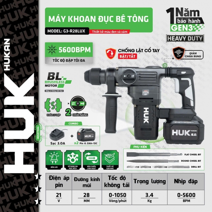 Máy khoan đục Pin 21V Hukan G3-R28PLUX Hammer ( chưa Pin & Sạc )