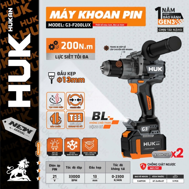 Máy khoan 200Nm Pin 21V Hulan G3-F200LUX hammer ( chưa Pin & Sạc )