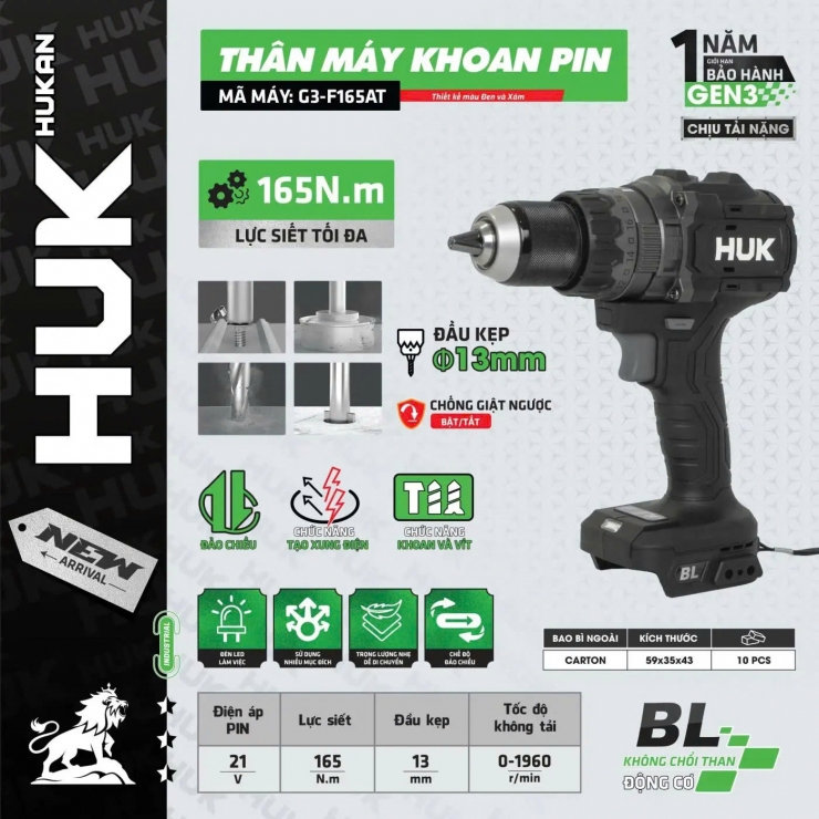 Máy khoan Pin 165Nm Hukan G3-F165AT Hammer ( chưa Pin & Sạc )