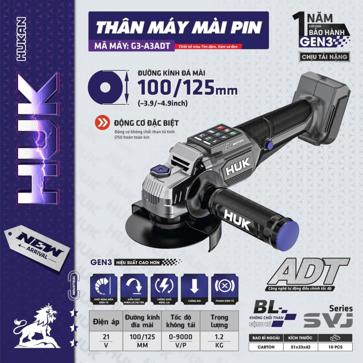 Máy mài góc 100/125mm Pin 21V Hukan G3-A3ADT Brushless ( chưa Pin & Sạc )