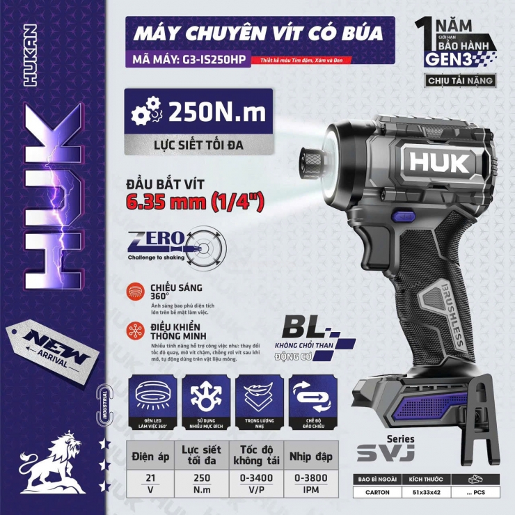 Máy siết vít 250Nm Pin 21V Hukan G3-IS250HP ( chưa Pin & Sạc )