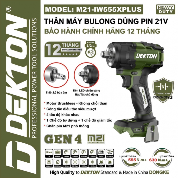 Bulong Pin 555Nm Dekton M21-IW555XPLUS Brushless ( chưa Pin & Sạc )